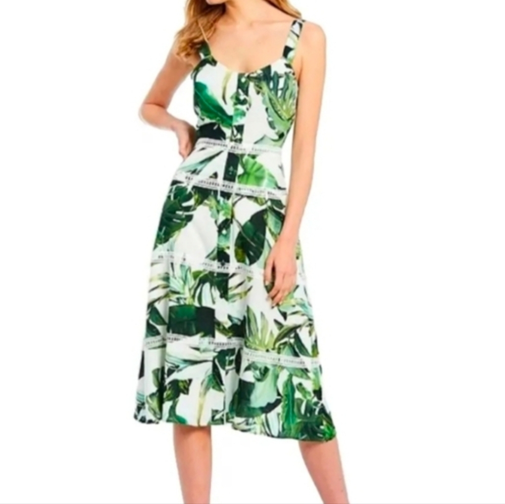 Gianni Bini Monica Palm Leaves Cotton midi dress Ivory Green 0